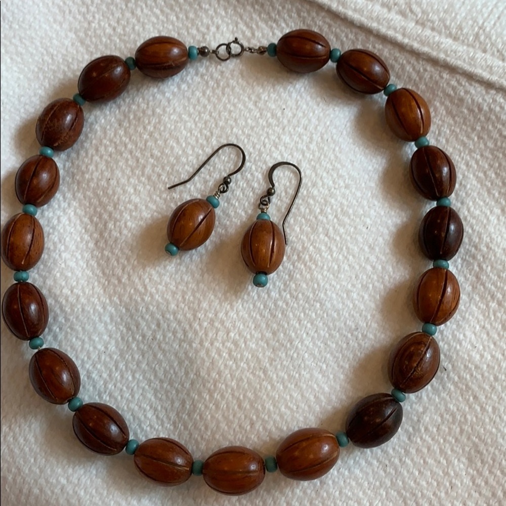 Wood and Turquoise Beaded Necklace and Earrings
